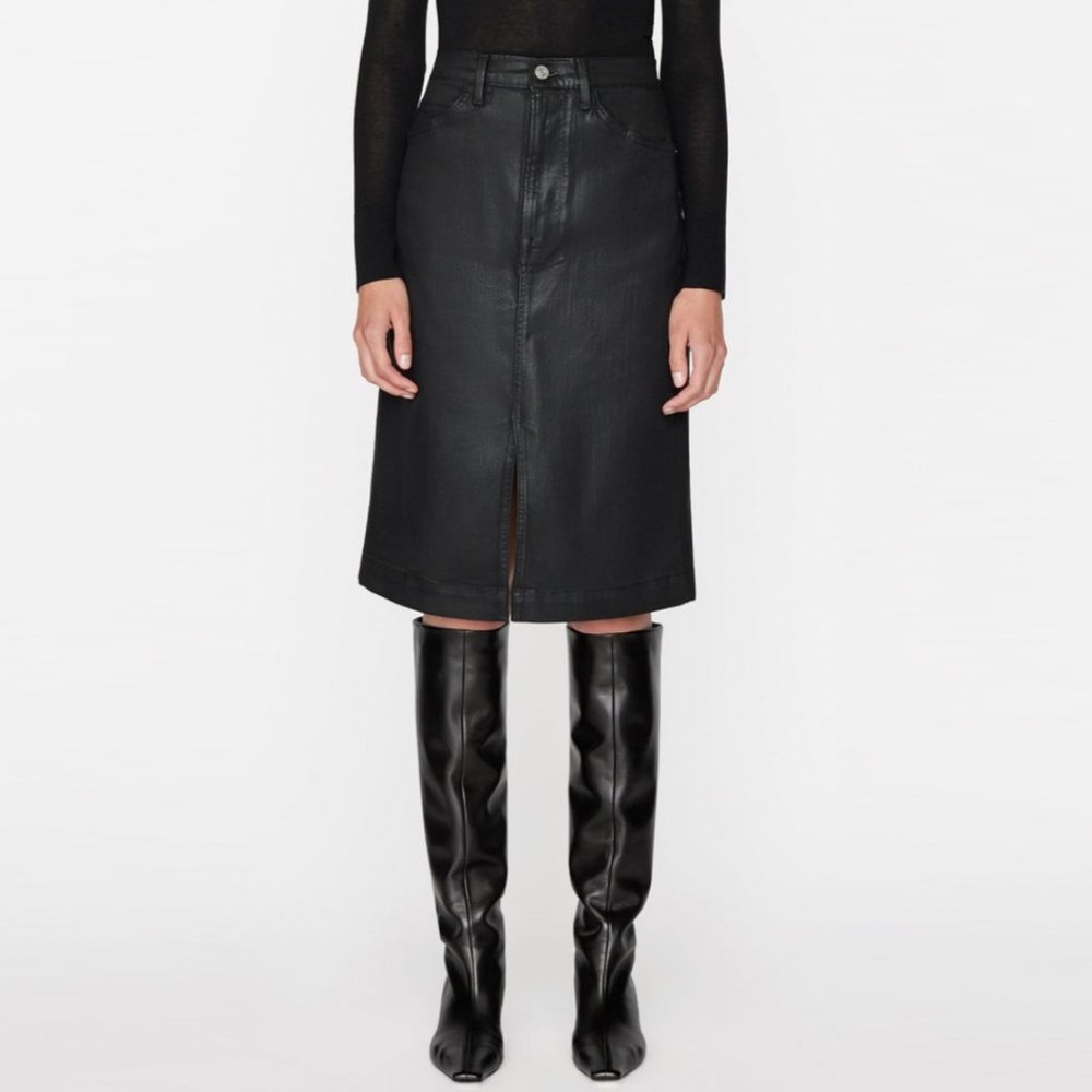 FRAME Coated Cotton-Blwns Split-Hem Midi Skirt (Noir Coated Black) - Picture 3 of 16
